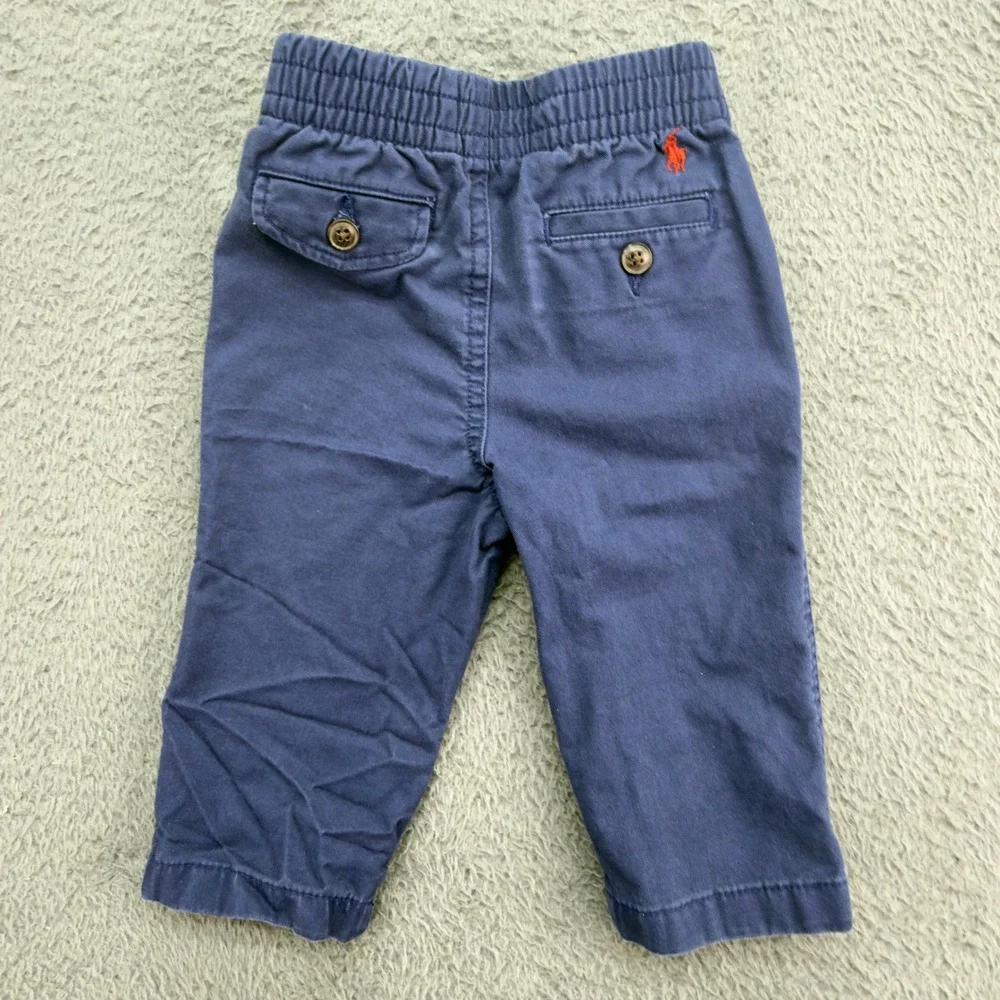 Ralph Lauren Baby Boys Navy Blue Chino Pants Elastic Waist Red Pony 12M‎